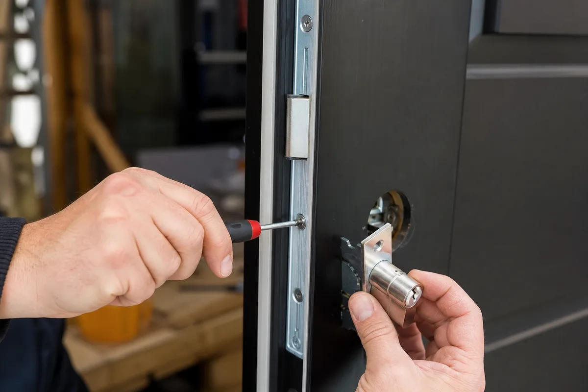 Mains d&rsquo;un serrurier remplaçant une serrure sur une porte d&rsquo;entrée