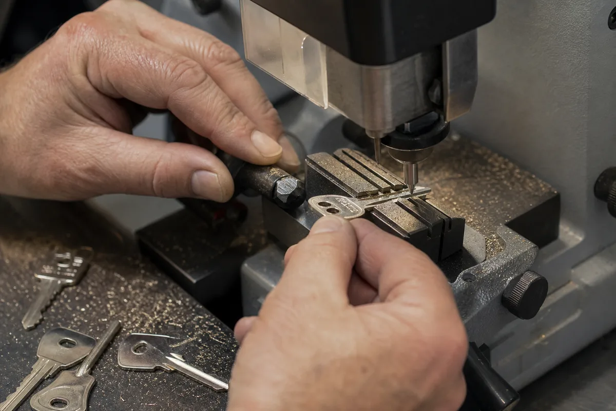 Mains d&rsquo;un serrurier reproduisant une clé sur une machine à tailler