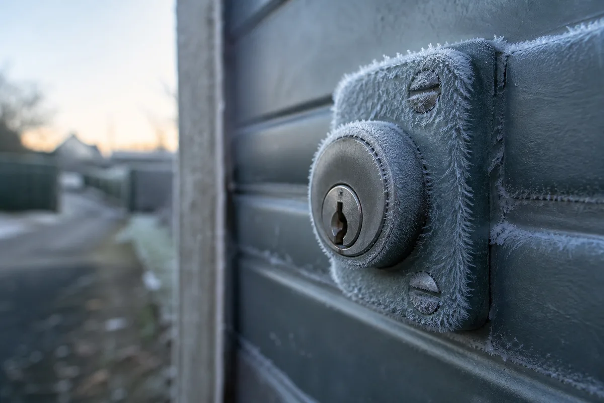 Serrure givrée sur une porte de garage à Belfort, cristaux de gel sur le métal, lumière froide du matin