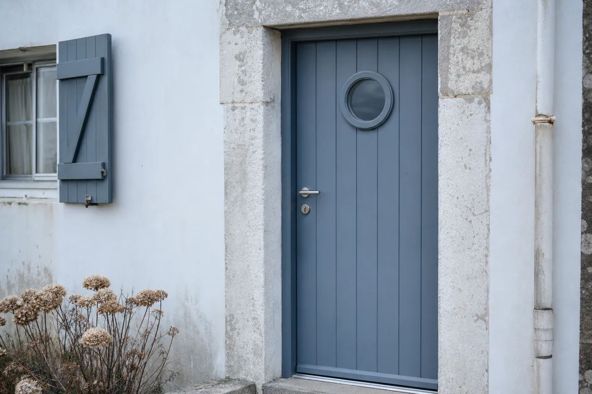 Porte d’entrée d’une maison de pêcheur à Lorient, serrure inox et embruns sur la façade, lumière de bord de mer