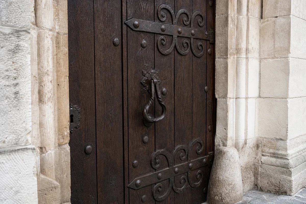 Porte cochère ancienne à Melun, ferrures en fer forgé et heurtoir, façade en pierre, lumière naturelle