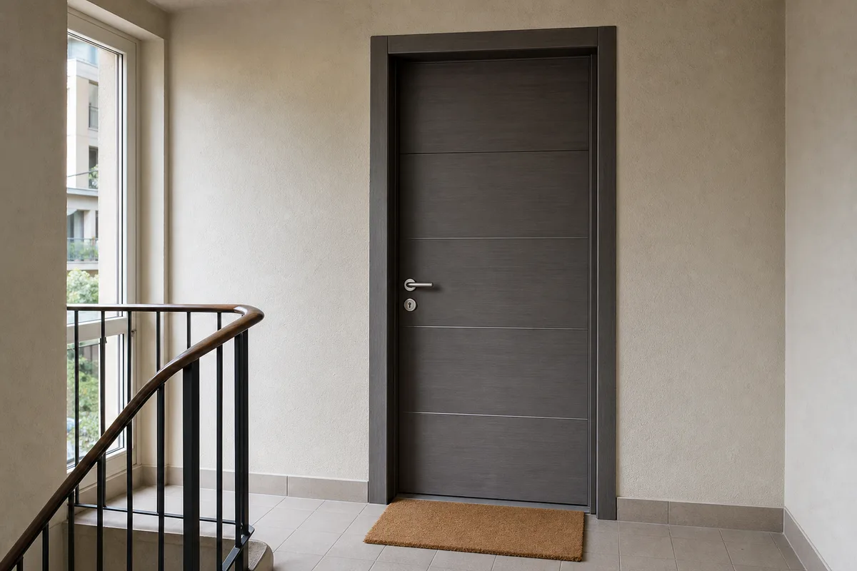 Hall d’immeuble et porte palière dans une résidence de Romainville
