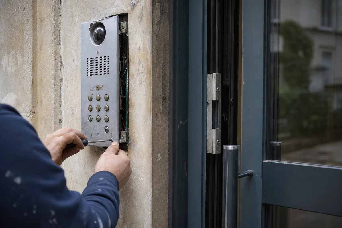Interphone et digicode à l’entrée d’un immeuble en Seine-Saint-Denis
