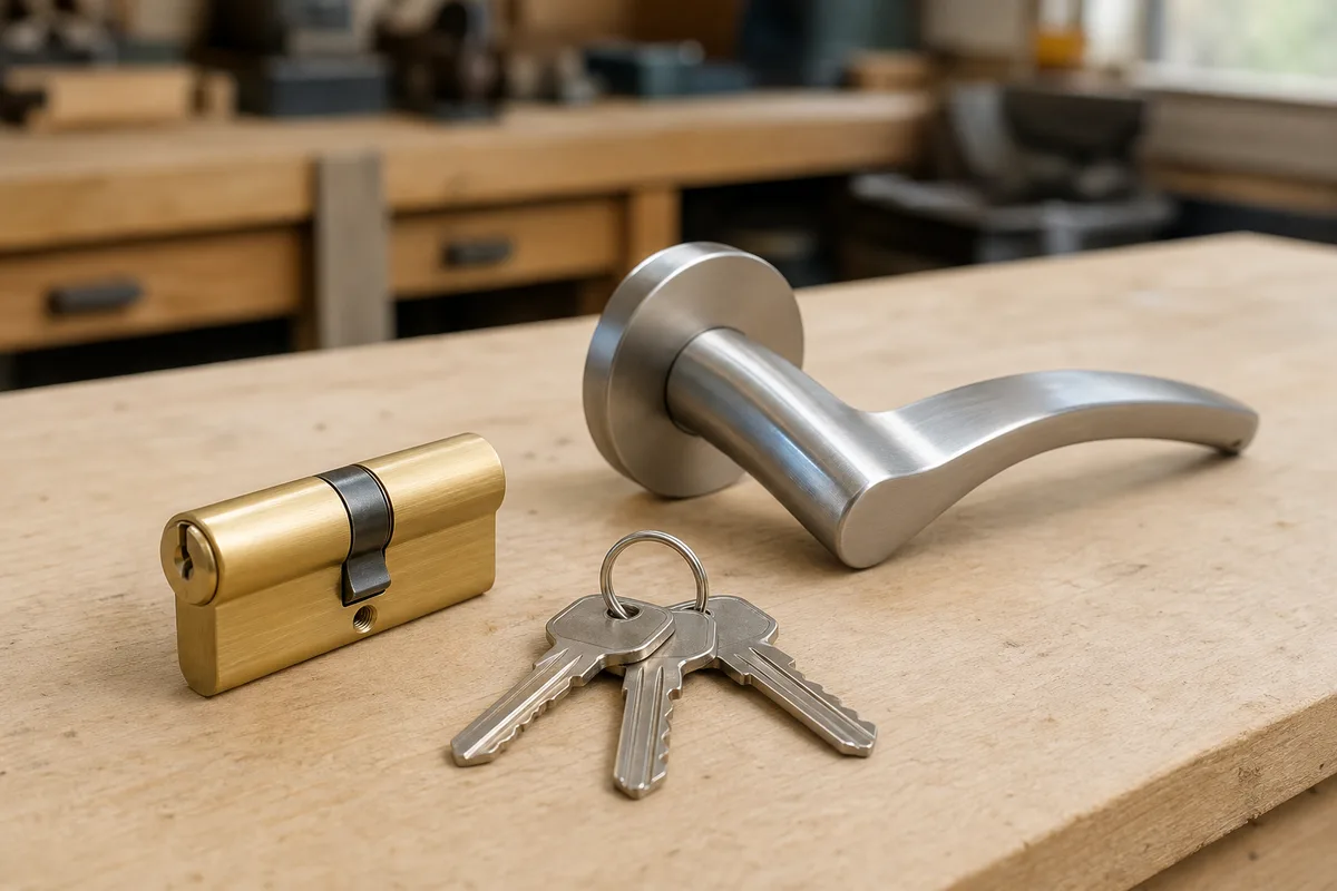 Serrurier manipulant des outils fins devant une porte d’entrée d’appartement
