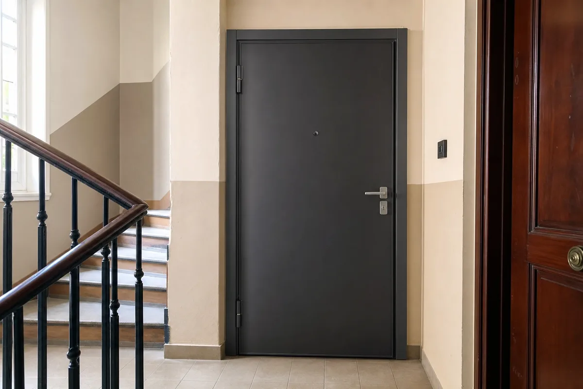 Porte d’entrée blindée en acier sur le palier d’un immeuble résidentiel