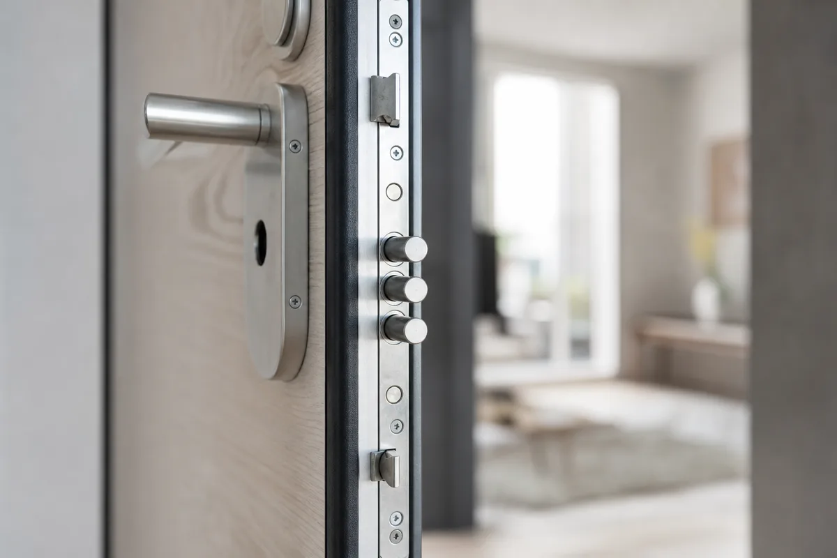 Détail d’une serrure multipoints certifiée sur une porte renforcée