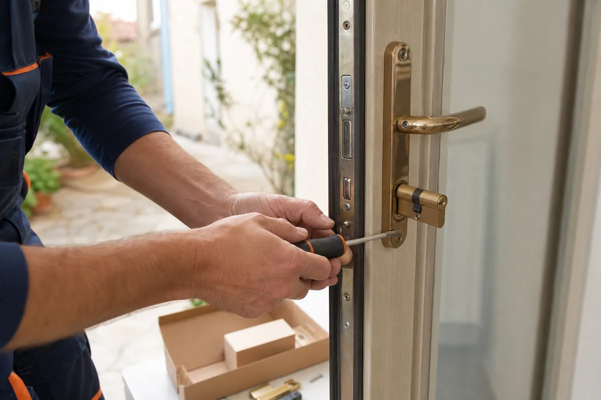 Cylindre de serrure haute sûreté posé sur un établi, outils de serrurier à côté